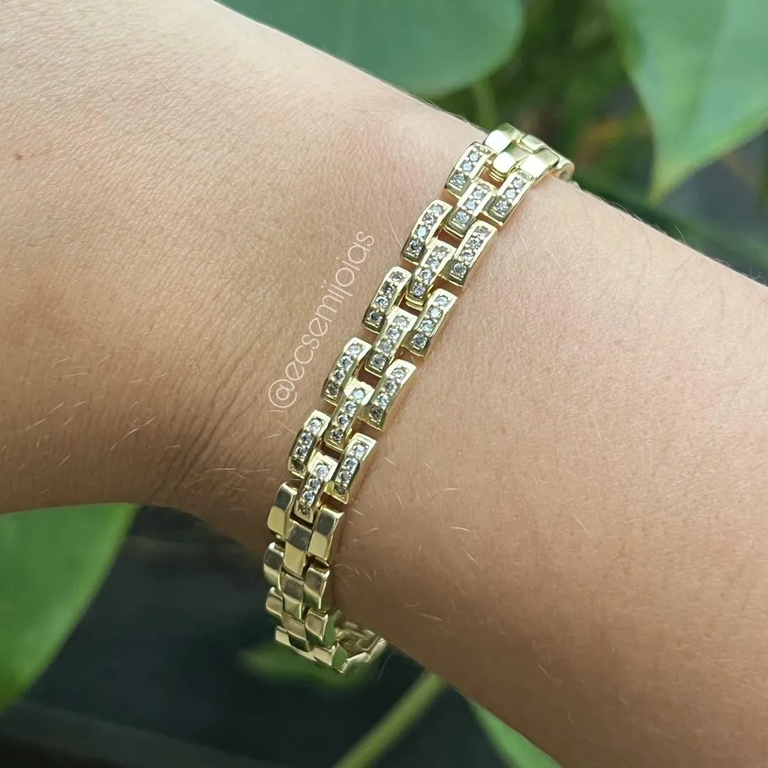 Pulseira elos maiores encaixados cravejados - 19cm - banhado a ouro 18k