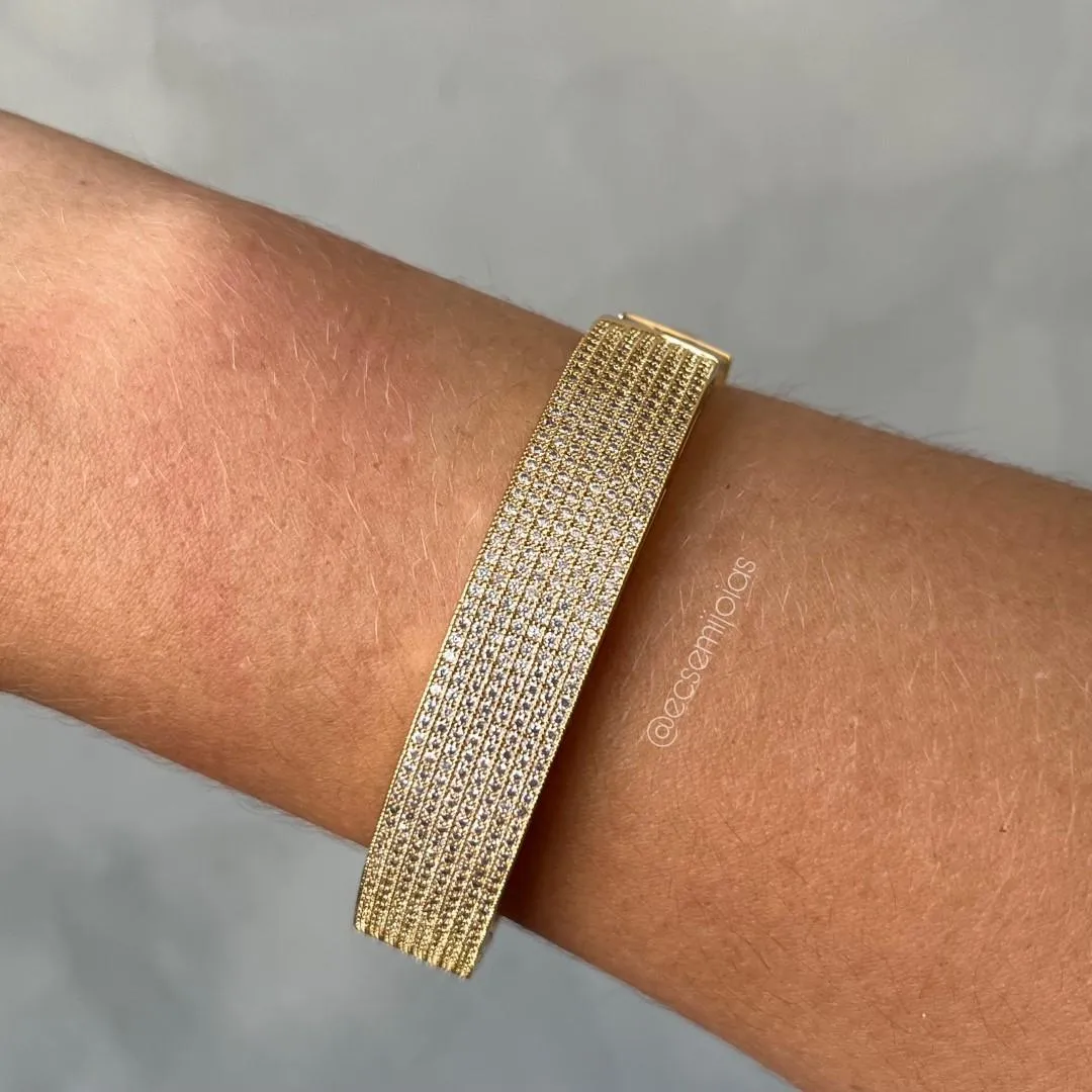 Bracelete mais grosso cravejado 8 fileiras de zircônia - banhado a ouro 18k