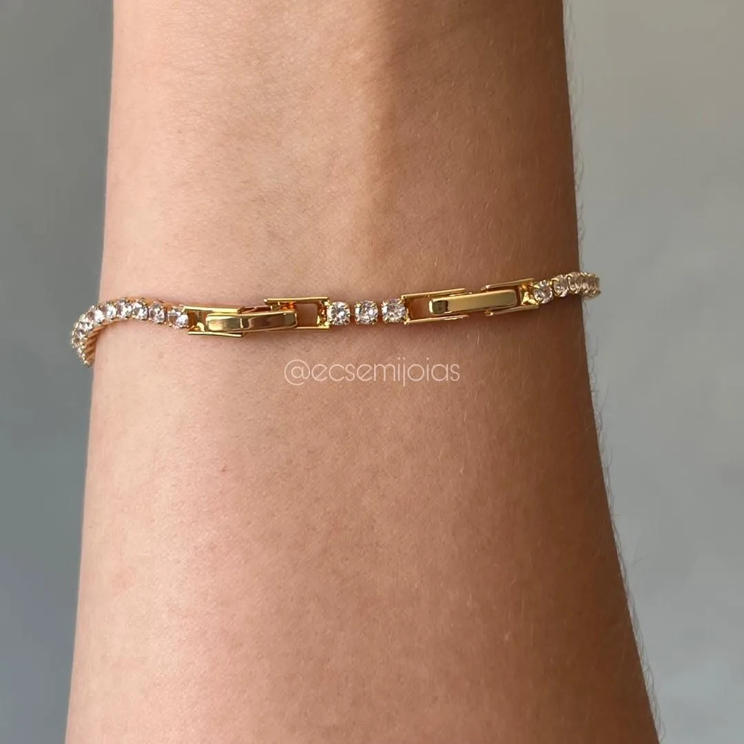 Pulseira com 100% zircônias 2,5mm - 17cm + trava extensora - banhado a ouro 18k