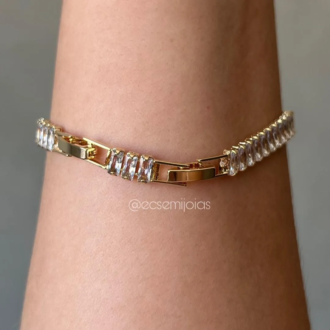 Pulseira com 100% zircônias baguetes 5mm - 18cm + trava extensora- banhado a ouro 18k