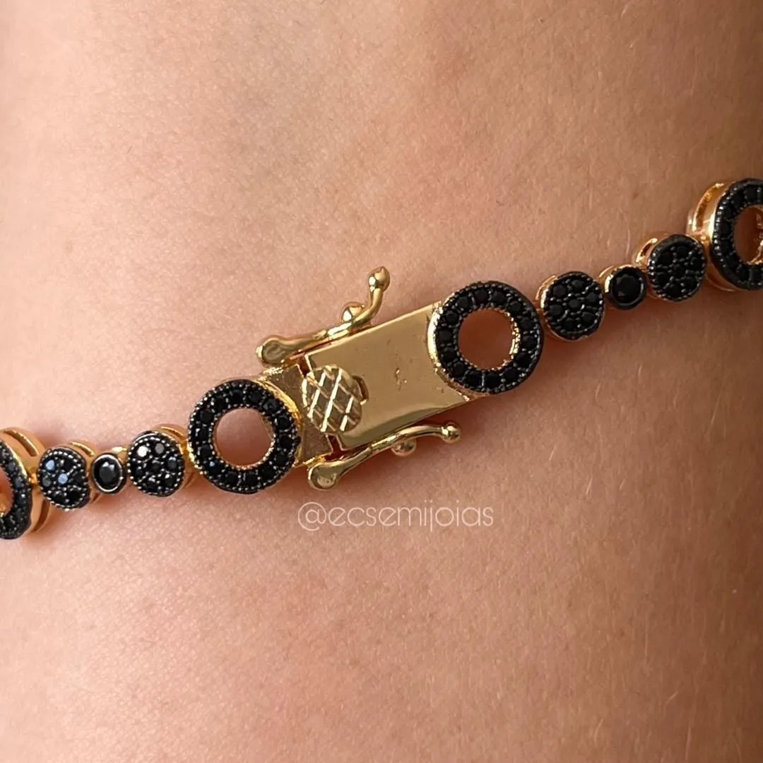 Pulseira de elos redondos cravejados vazados - 18cm - banhado a ouro 18k