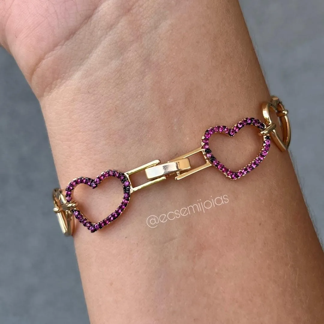 Pulseira de corações vazados cravejados e lisos intercalados - 18cm - banhado a ouro 18k