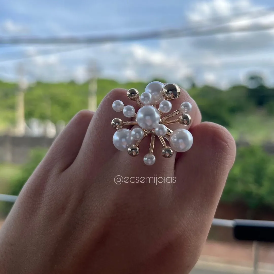 Conjunto de anel e brinco de aros com pérolas e bolas nas pontas  - banhado a ouro 18k