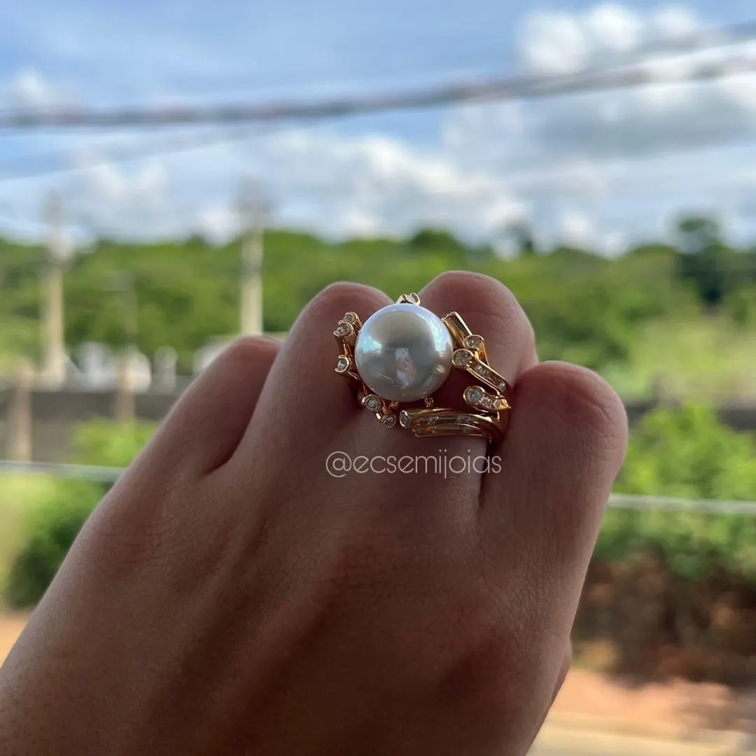 Conjunto de anel e brinco de aros disformes cravejados com pérola 14mm central  - banhado a ouro 18k