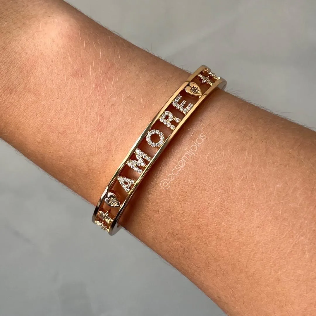 Bracelete AMORE cravejado todo vazado - banhado a ouro 18k