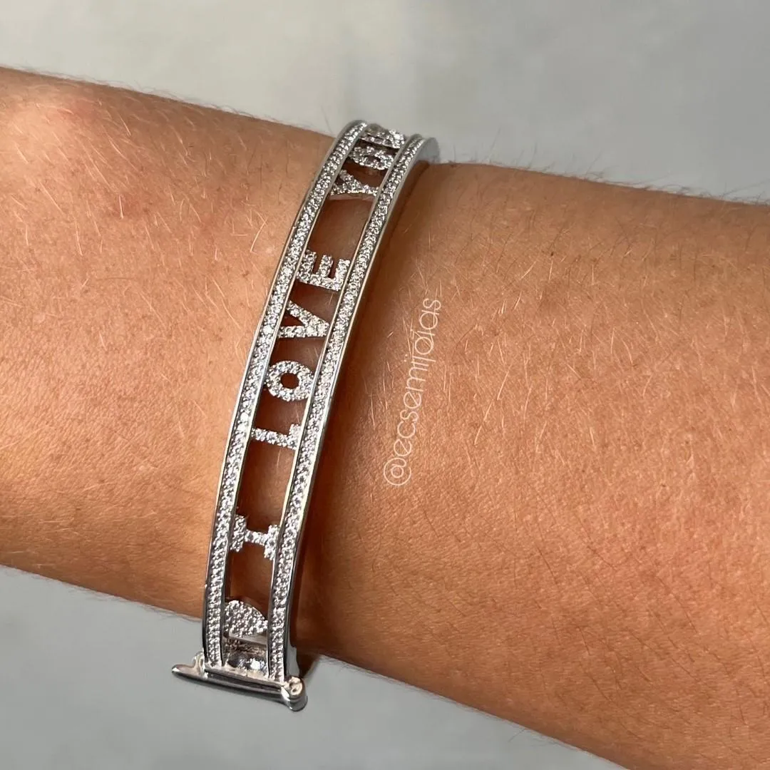 Bracelete I LOVE YOU cravejado todo vazado - banhado a ródio branco