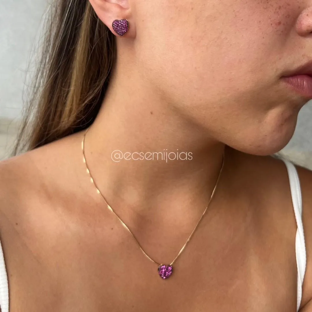 Conjunto de brinco e colar de coração 11mm cravejado - 45cm - banhado a ouro 18k