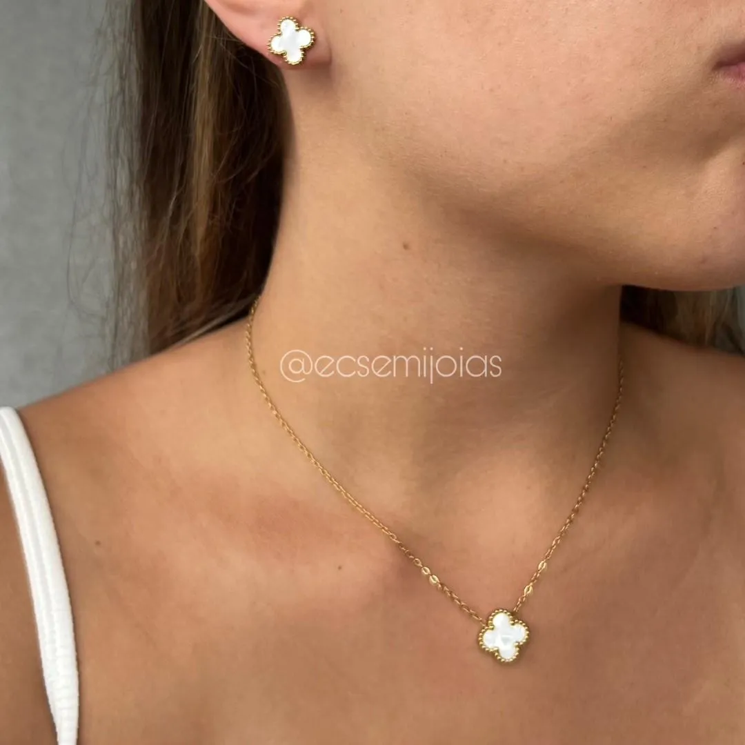 Conjunto de brinco e colar de trevo - aço dourado