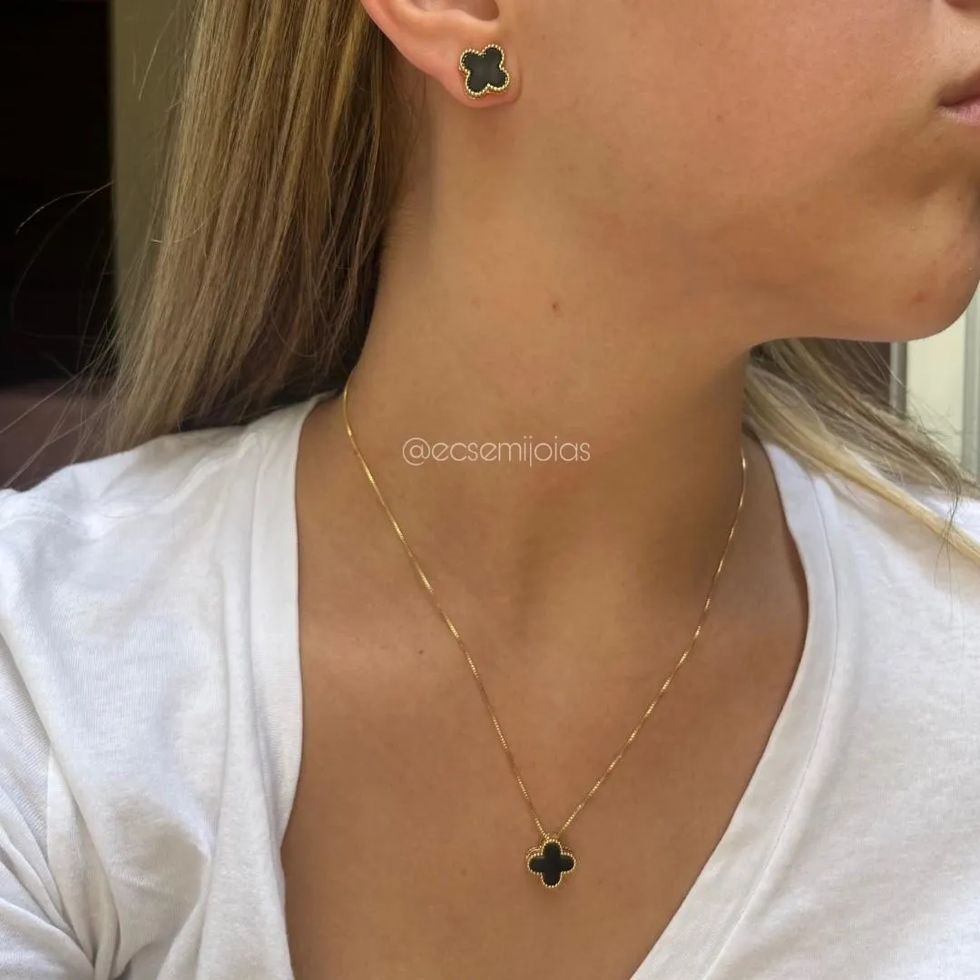 Conjunto de brinco e colar de trevo de 13mm - banhado a ouro 18k