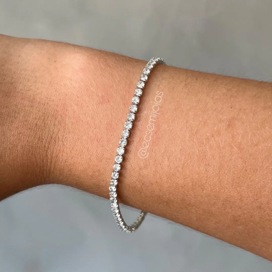 Pulseira com 100% zircônias 2,5mm - 17cm + trava extensora - banhado a ródio branco