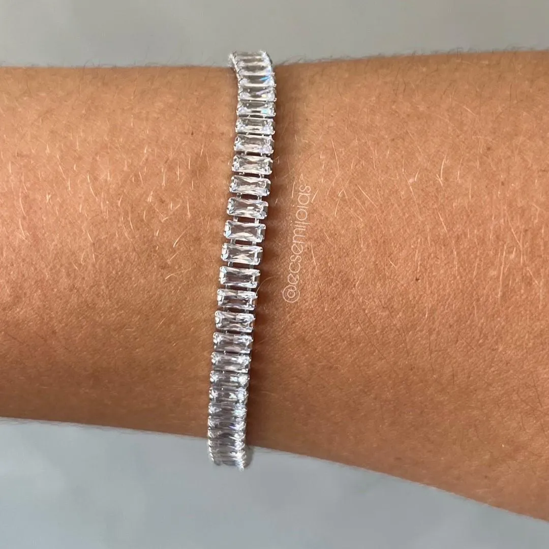 Pulseira com 100% zircônias baguetes 5mm - 18cm - banhado a ródio branco