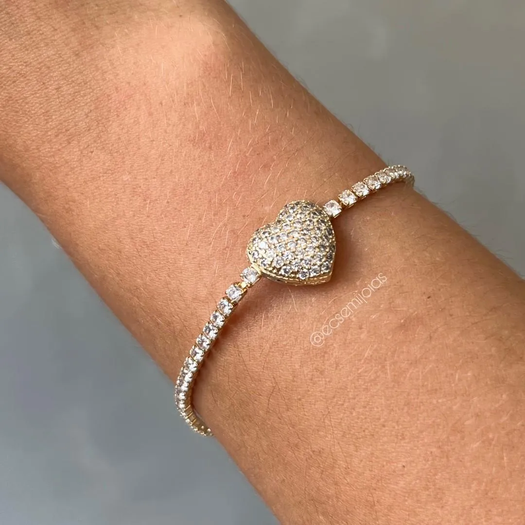 Pulseira com 100% zircônias e coração cravejado no centro - 18cm - banhado a ouro 18k