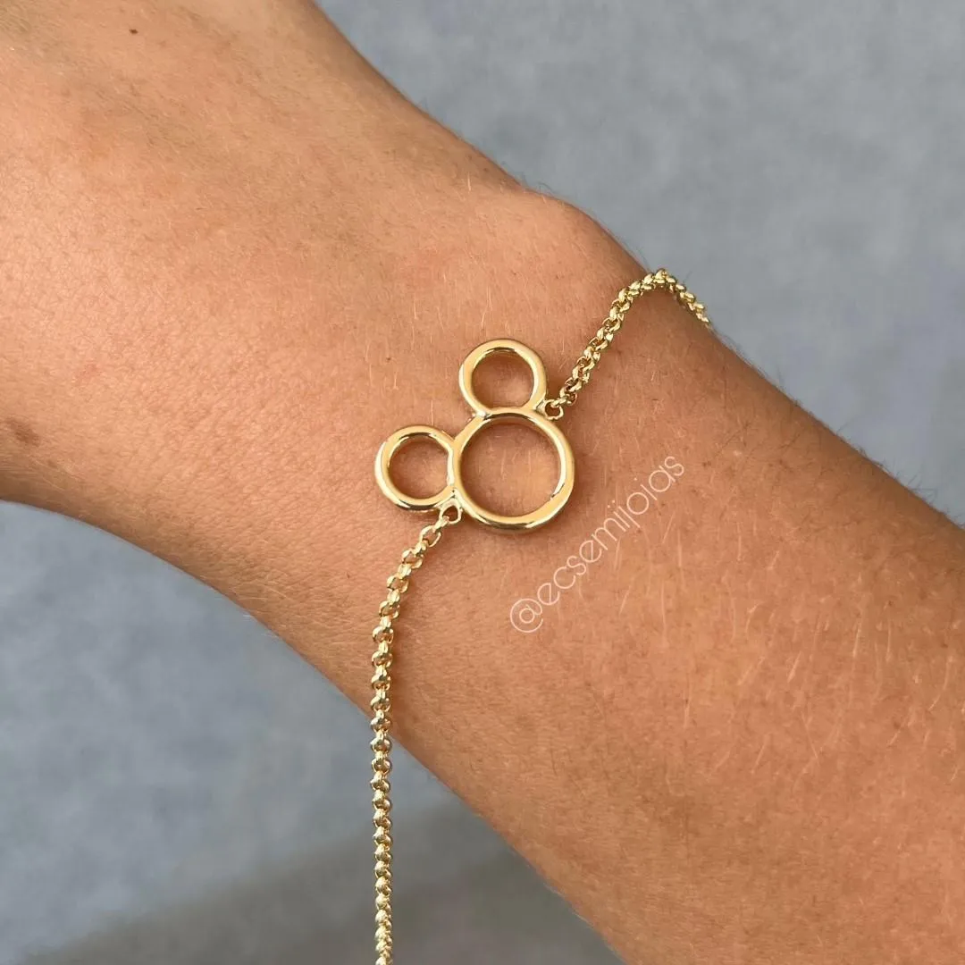 Pulseira de elo português 1,5mm com Mickey vazado - 16cm + extensor - banhado a ouro 18k