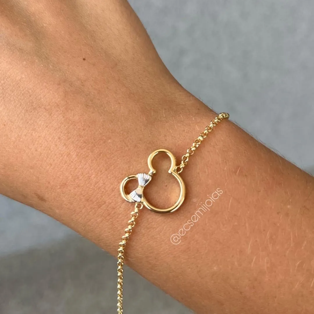 Pulseira de elo português 1,5mm com Minnie vazada - 16cm + extensor - banhado a ouro 18k