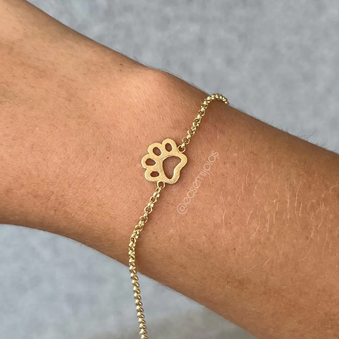 Pulseira de português 1,5mm com pata de cachorro - 16cm + extensor - banhado a ouro 18k